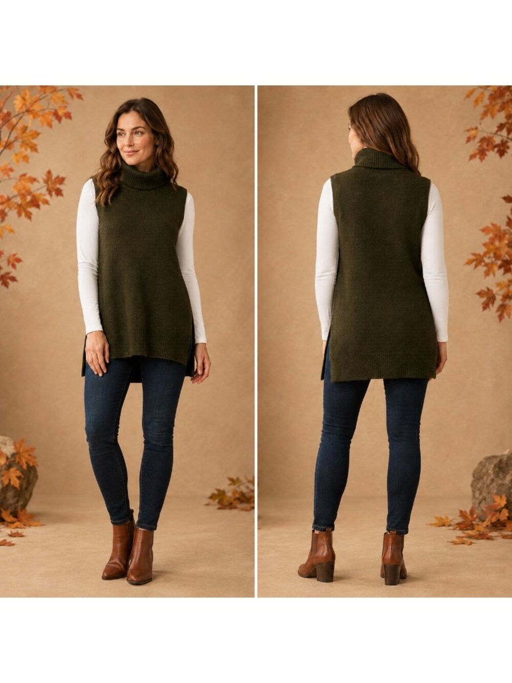 Cynthia Rowley Sweater Vest Medium Olive Green Sleeveless Turtleneck Wool Mohair